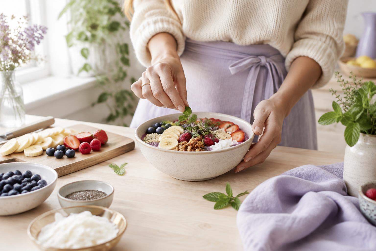 Hands preparing a colorful whole-food bowl in a bright kitchen