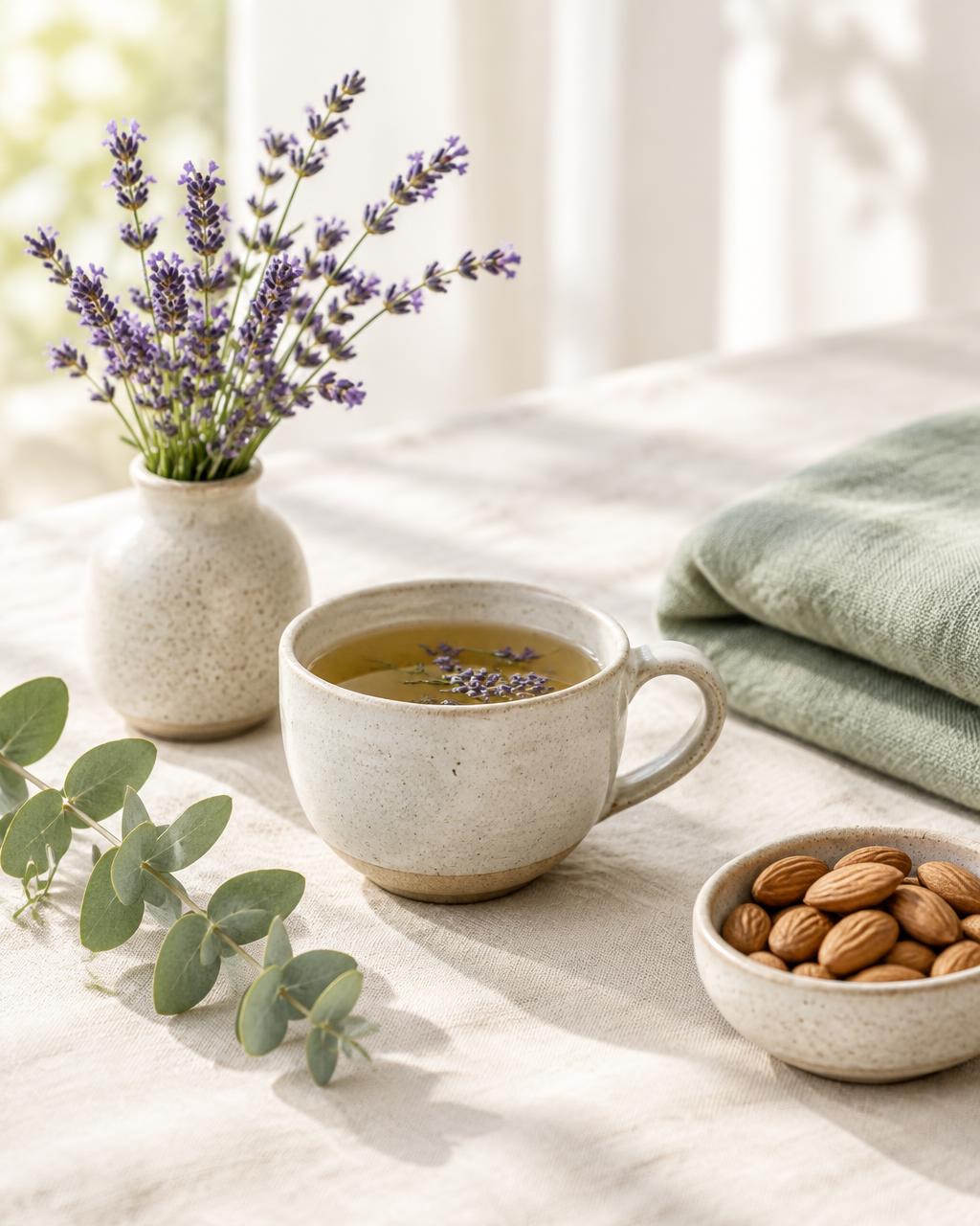 Herbal tea with lavender sprigs, eucalyptus and almonds on a linen table—small everyday rituals