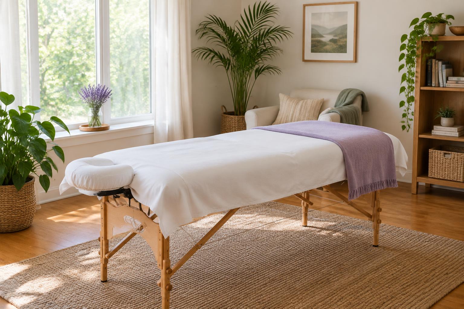 An illustrative peaceful space for rest with natural light and plants